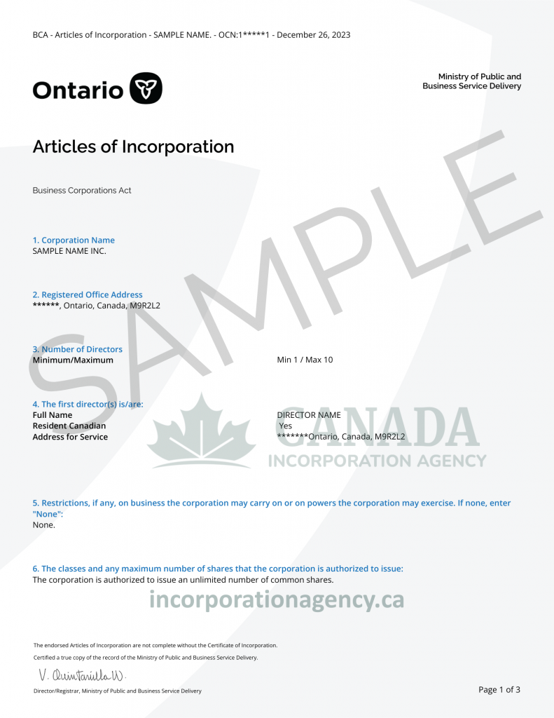 Copy of Articles & Certificate of Incorporation in Canada